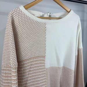 Oatmeal Mixed Pattern Knit Tie Keyhole Drop Shoulder Sweater Size Large